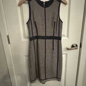 Club Monaco Tweed and Leather, Navy and Cream Patterned Mini Dress